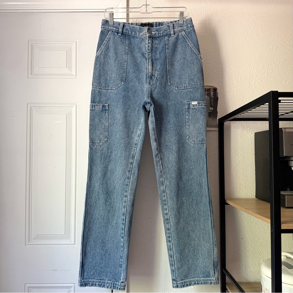 ATWYLD blue cotton blend denim cargo straight leg‎ pull on jeans pants